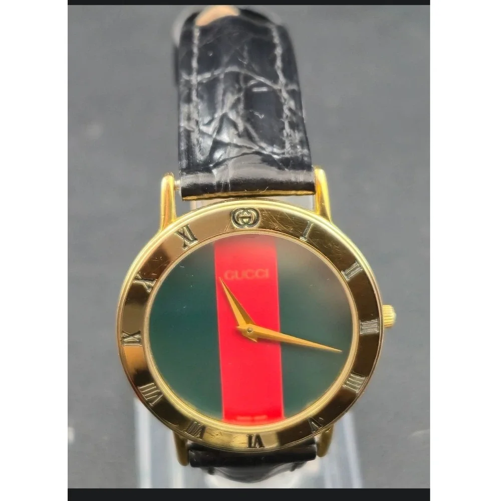 Vintage 3000.2.M Gucci Watch Gold Plated Green Red Sherry Line‎ Dial Roman Bezel